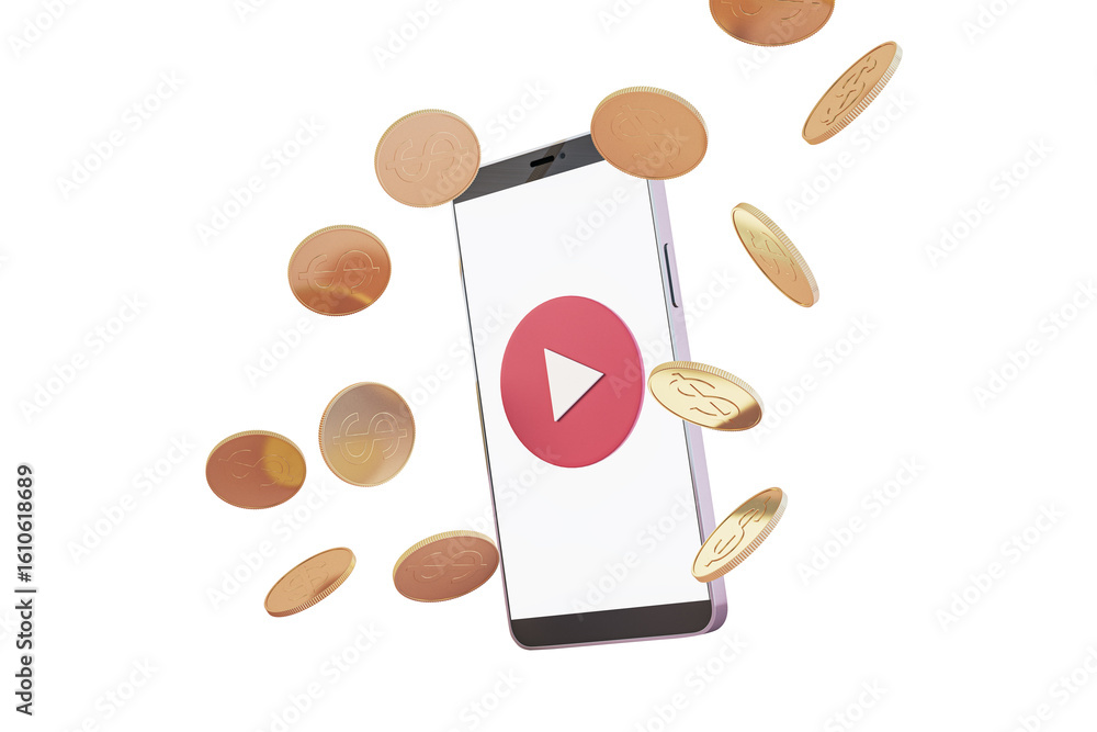 Poster smartphone with play button on screen surrounded by falling gold coins, clean 3d rendering, isolated