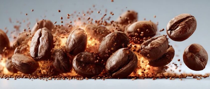 Coffee Bean Burst: An explosive display of roasted coffee beans in a captivating studio shot, creating a dynamic and sensory-rich experience.