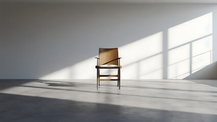 Minimalist Wooden Chair in Empty Sunlit Room

