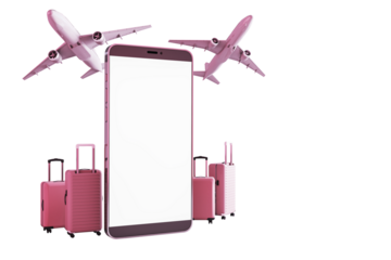 Pink smartphone mockup with empty screen, surrounded by pink suitcases and flying airplanes, isolated on white background. Travel concept. 3D Rendering