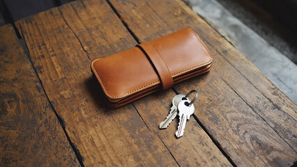 Leather Wallet and Keys on Wooden Surface