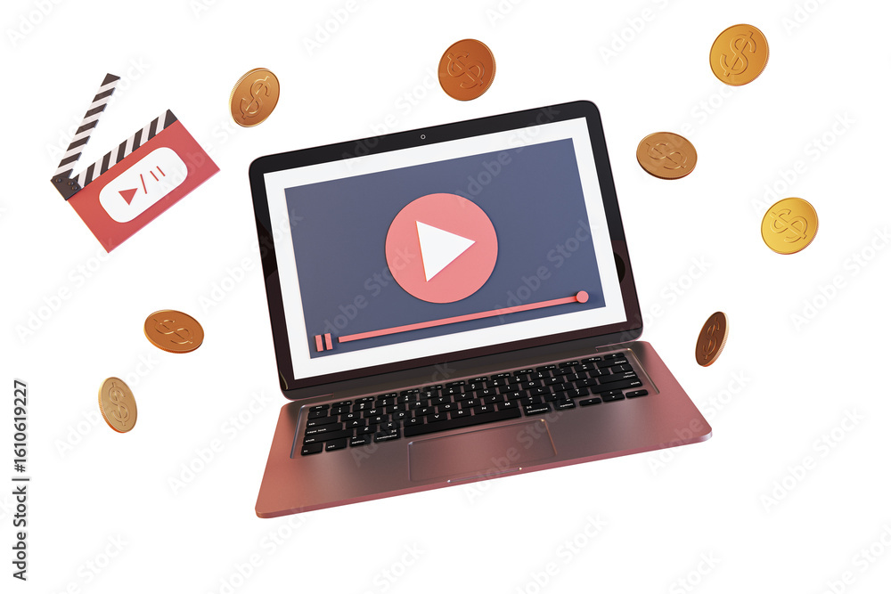 Aufkleber laptop with play button on screen, clapperboard and floating coins in 3d rendering style, isolated o