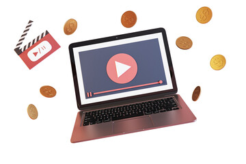 Laptop with play button on screen, clapperboard and floating coins in 3D Rendering style, isolated on white background, concept of video earnings