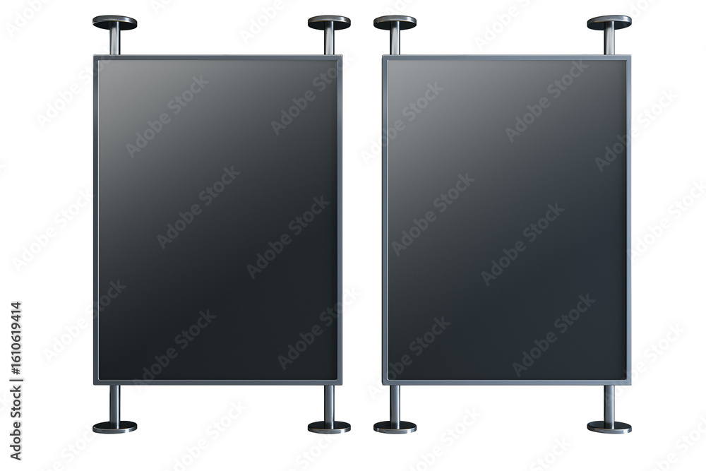 Poster two vertical black display boards with metal frames and stands, isolated on white background, presen