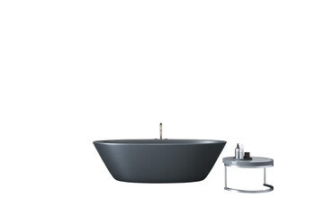 Black modern freestanding bathtub with round side table and bath accessories, clean minimalist style, isolated on white background, 3D Rendering