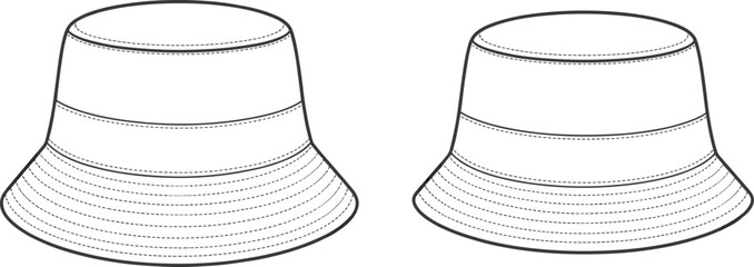 Flat vector sketch of wide brim bucket hat with mid-panel seam, front and back CAD fashion design template drawing © Titan