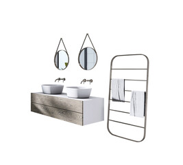 Bathroom vanity with two ceramic sinks, round hanging mirrors, and a metal towel rack with towels, isolated on white background. 3D Rendering