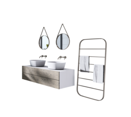 Bathroom vanity with two ceramic sinks, round hanging mirrors, and a metal towel rack with towels, isolated on white background. 3D Rendering