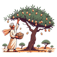Farmer Picking Ripe Mangoes From Tree with Basket on Desert Field