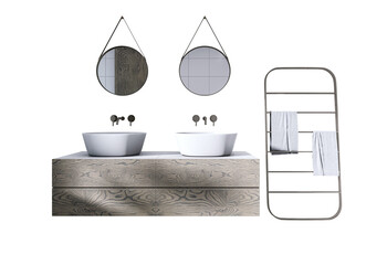 Double sink vanity with wood texture, round hanging mirrors, and metal towel rack with towels isolated on white background layout. 3D Rendering