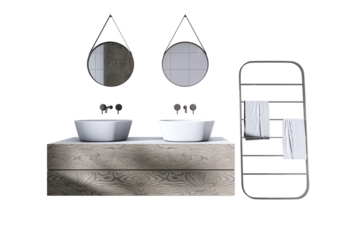 Double sink vanity with wood texture, round hanging mirrors, and metal towel rack with towels isolated on white background layout. 3D Rendering