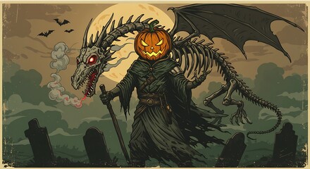 A spooky fantasy illustration of a pumpkin-headed creature and his skeletal dragon in a haunted graveyard on Halloween night.