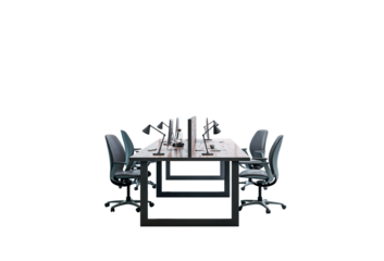 Office desk layout with monitors, lamps, and chairs symmetrically arranged, isolated on white background. 3D Rendering. Clean workspace concept