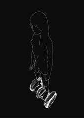 A young girl glides effortlessly on a futuristic hoverboard, her silhouette sharply defined against a dark background. The dynamic contour lines emphasize motion and speed.