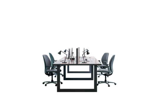 Office desk layout with monitors, lamps, and chairs symmetrically arranged, isolated on white background. 3D Rendering. Clean workspace concept