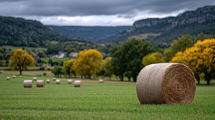 Round hay bales drying in green field with autumn foliage and mountains
