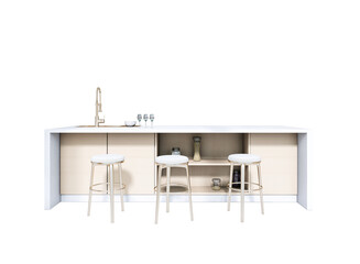 Modern kitchen island with stools, sink, and shelves, clean minimalist style, isolated on white background, concept of interior design layout. 3D Rendering.