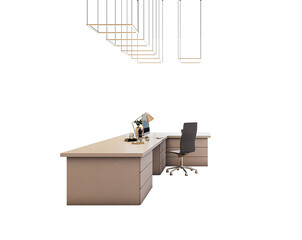 Contemporary office desk and chair with computer monitor, lamp, and decor isolated on white...