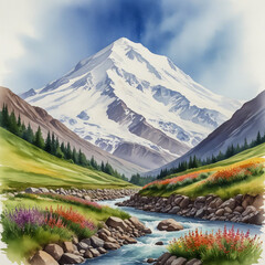 Watercolor Illustration Mount Elbrus From