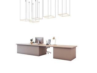 Minimalist office desk setup with chair, desktop monitor, lamp, and plant, modern lighting above, isolated on white background. 3D Rendering