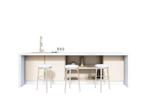 Modern kitchen island with stools, sink, and shelves, clean minimalist style, isolated on white background, concept of interior design layout. 3D Rendering.