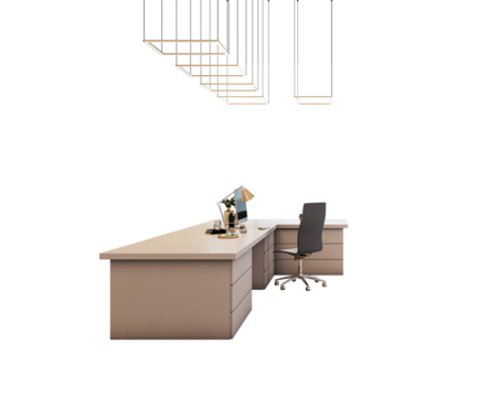 Contemporary office desk and chair with computer monitor, lamp, and decor isolated on white background. Clean workspace and design concept. 3D Rendering