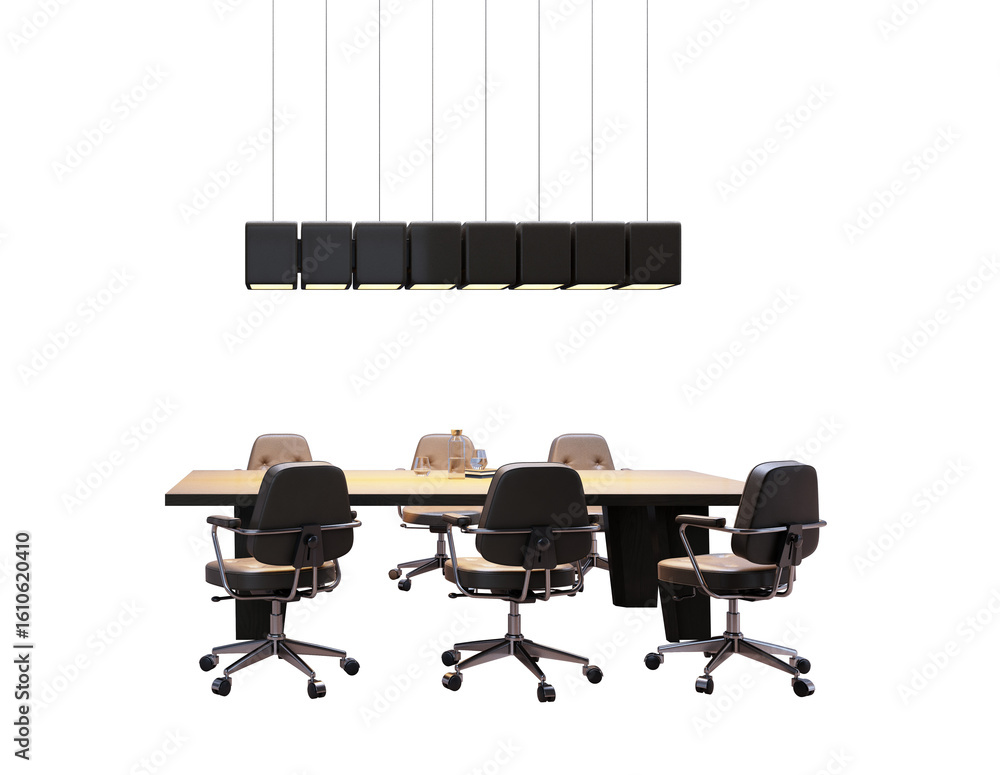 Poster office meeting table with six rolling chairs and a modern overhead light fixture in a clean layout o