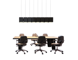 Office meeting table with six rolling chairs and a modern overhead light fixture in a clean layout on white background. Concept of business workspace. 3D Rendering