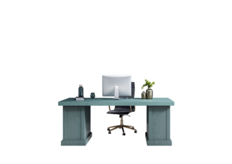 Office desk with computer, chair, books, and decorative items in clean, minimal style on white isolated background. Concept of business workspace. 3D Rendering.