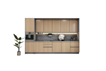 Contemporary kitchen with wood cabinetry, under-cabinet lighting, built-in appliances, and decor,...