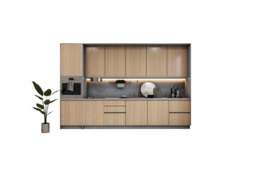 Contemporary kitchen with wood cabinetry, under-cabinet lighting, built-in appliances, and decor, isolated on white background. 3D Rendering