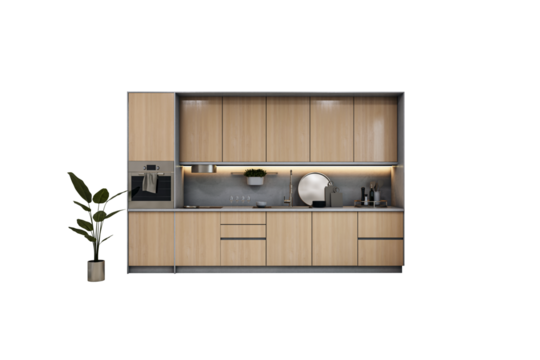 Contemporary kitchen with wood cabinetry, under-cabinet lighting, built-in appliances, and decor, isolated on white background. 3D Rendering