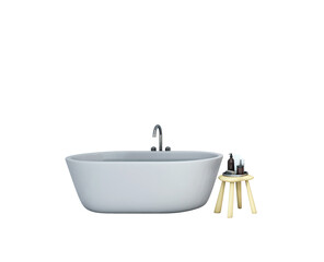 Freestanding bathtub with faucet next to a wooden stool holding bathroom toiletries, isolated on...