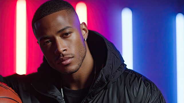 African American basketball player posing confidently with a basketball under neon lights