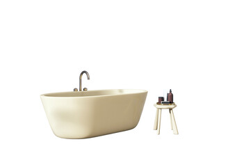 Modern beige bathtub with chrome faucet and matching stool holding toiletries, isolated on white background. Bathroom decor and interior concept. 3D Rendering.