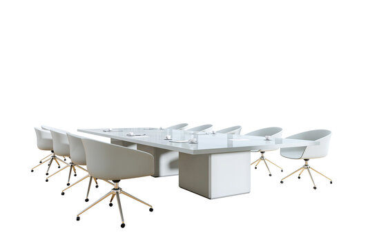Modern white conference table with matching chairs and office items, minimal clean style on isolated white background. Business meeting concept. 3D Rendering.
