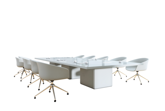 Modern white conference table with matching chairs and office items, minimal clean style on isolated white background. Business meeting concept. 3D Rendering.
