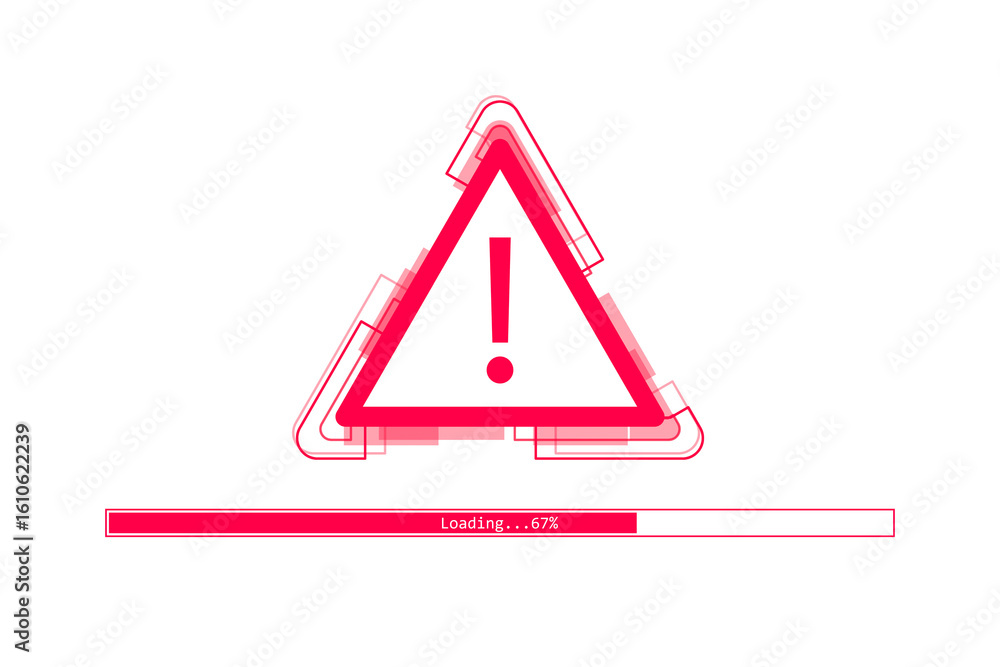 Poster red triangle warning sign with exclamation mark and glitch effect, isolated on white background, sym