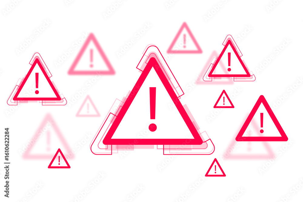 Poster multiple red warning triangle icons with exclamation marks, modern graphic style, on isolated white 
