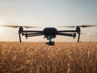 A drone is flying over a field of wheat