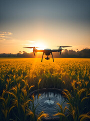 A drone is flying over a field of tall grass