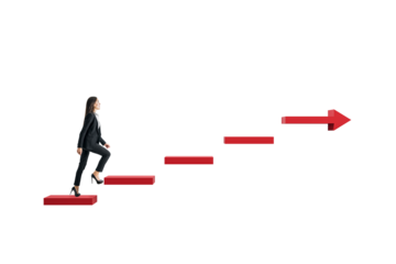 Woman in formal attire ascending red staircase shaped like arrow, isolated on white background, symbolizing business growth and success
