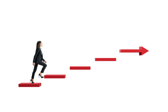 Woman in formal attire ascending red staircase shaped like arrow, isolated on white background, symbolizing business growth and success