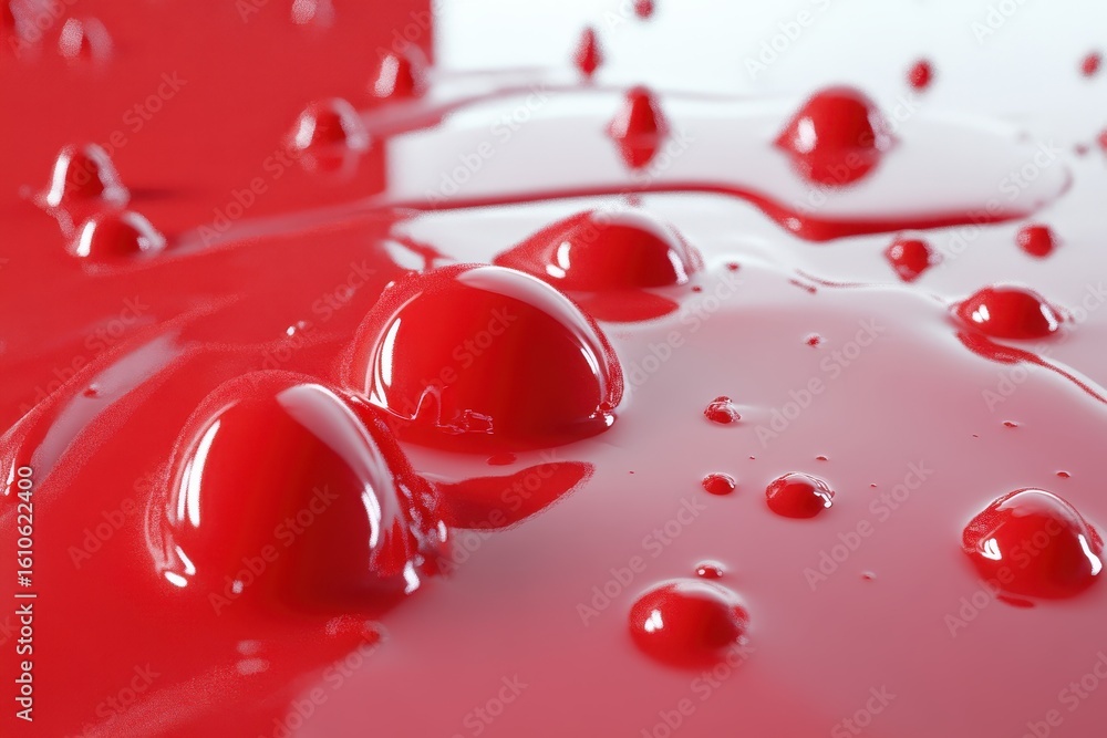 Aufkleber red liquid forms large drops on a smooth light surface creating a vibrant visual effect, the red liq