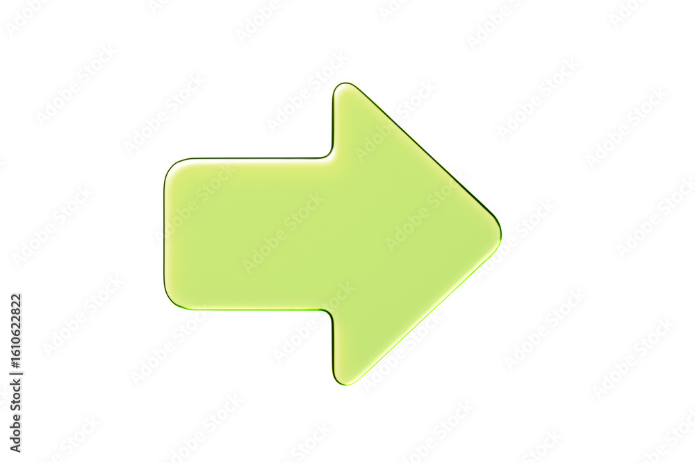 Poster glossy green right-facing arrow icon with rounded edges, isolated on clean white background, ideal f