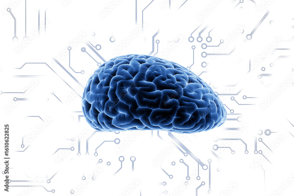 Poster blue human brain isolated on white with digital circuit lines, clean futuristic design concept of ar
