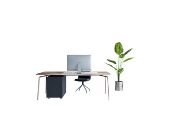 Office desk with computer monitor, black chair, and potted plant isolated on white background, 3D Rendering, concept of modern workspace