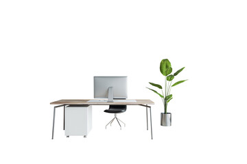 Office desk with computer monitor, black chair, and potted plant in clean layout on white background. 3D Rendering for workspace concept
