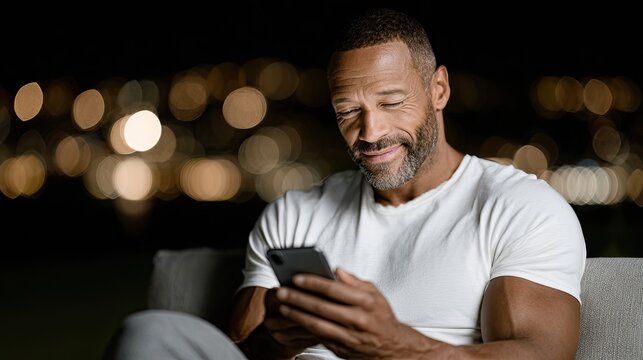 Smiling man using smartphone at night with city lights in background