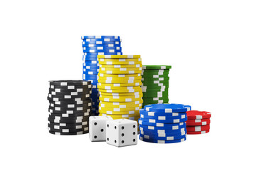 Stacks of colorful poker chips and two white dice isolated in a realistic style on a white background. Concept of gambling, casino, and betting. 3D Rendering.
